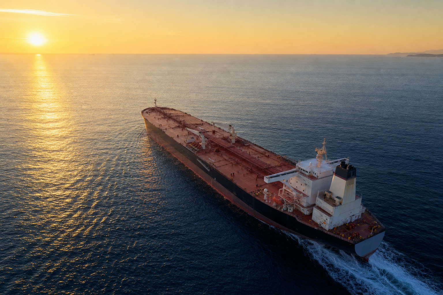 Aerial view of a laden crude oil tanker under way at dawn